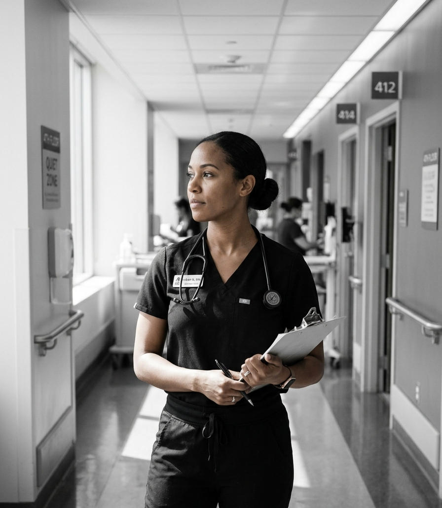 A nurse in dark scrubs takes a quiet pause at the end of a shift.