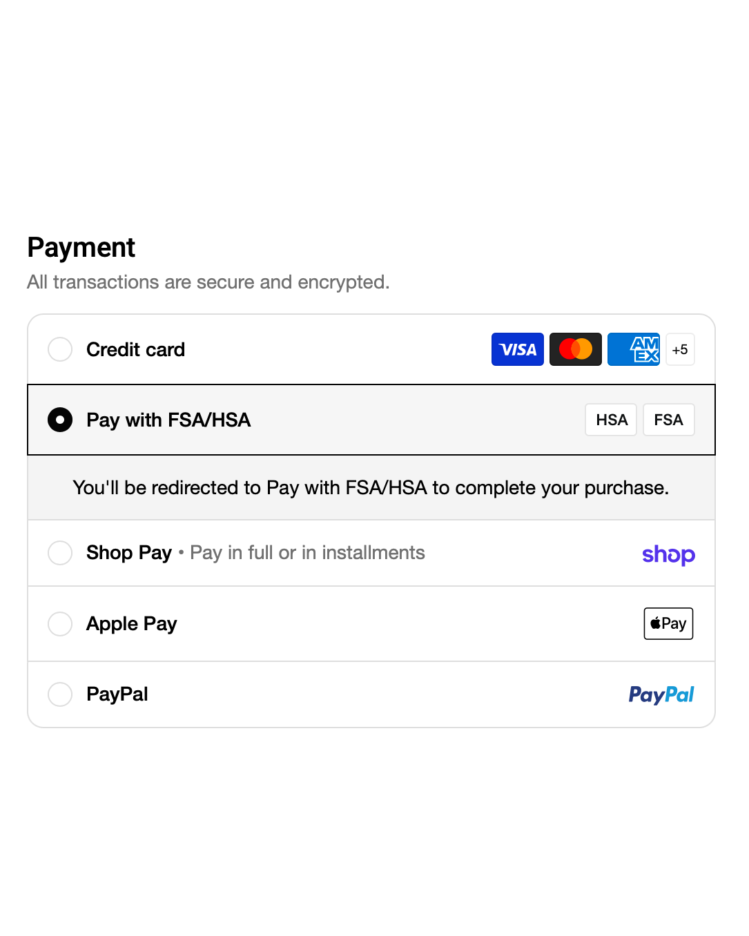 The payment section of Üni checkout. The options are Credit card, Pay with FSA slash HSA, Shop Pay, Apple Pay and PayPal. Pay with FSA slash HSA is selected and a note reads that you will be redirected to complete your purchase.