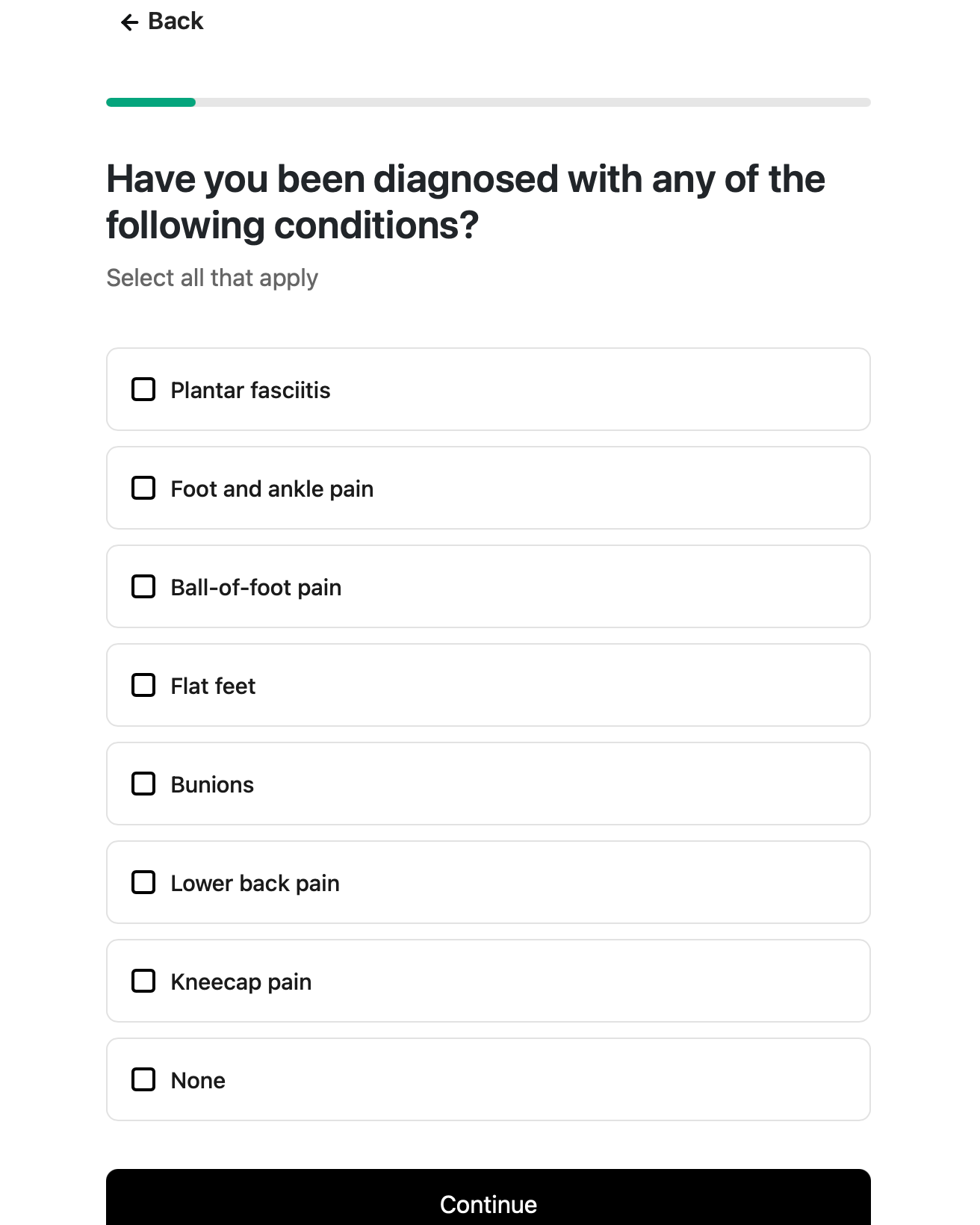 The health questions screen at checkout. It asks whether you have been diagnosed with any of the following conditions and says select all that apply, listing foot, knee and back conditions plus a None option. Every box is unchecked. A Continue button sits at the bottom.