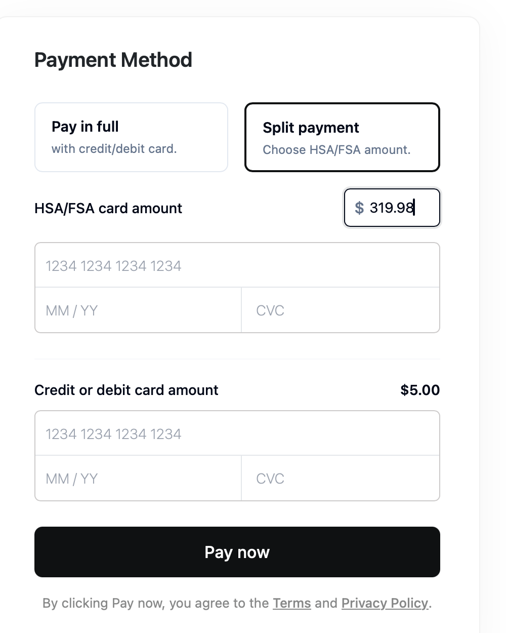 The payment screen after the health questions, headed Payment Method. It offers Pay in full with a credit or debit card, or Split payment where you choose the HSA or FSA amount. Split payment is selected, with card fields for each amount and a Pay now button.